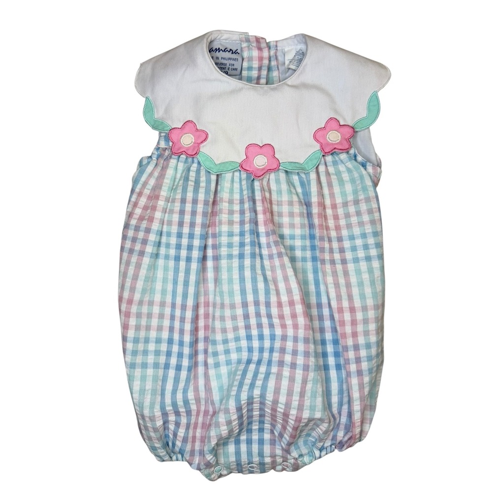 Vintage Samara Baby Girl Pastel Gingham Floral Bubble Romper Sunsuit Size 6/9M
